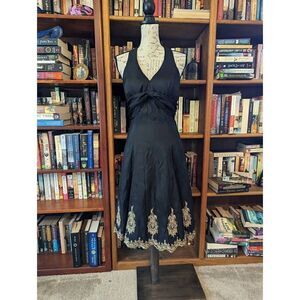 ASPEED vintage 90s black taffeta halter cocktail dress with gold appliqued hem s